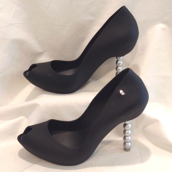 Black Melissa x Karl Lagerfeld "PEARL" Bead Peep Toe Heel Pumps US Size 7 - Picture 4 of 9